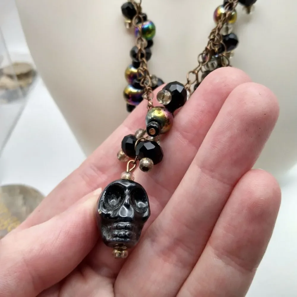 Gothic skeleton black beaded necklace‎ N3338